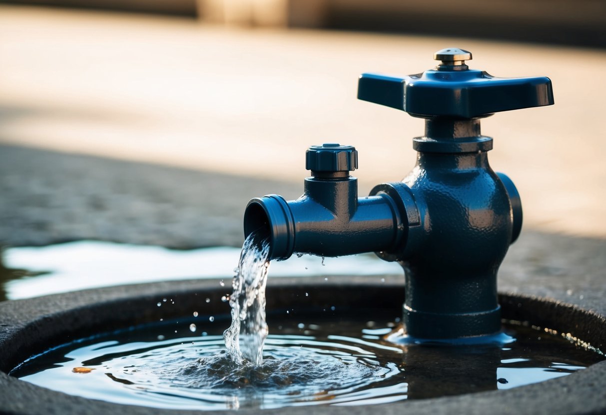 A water pump continuously running, with water splashing out of the spout and a small puddle forming beneath it