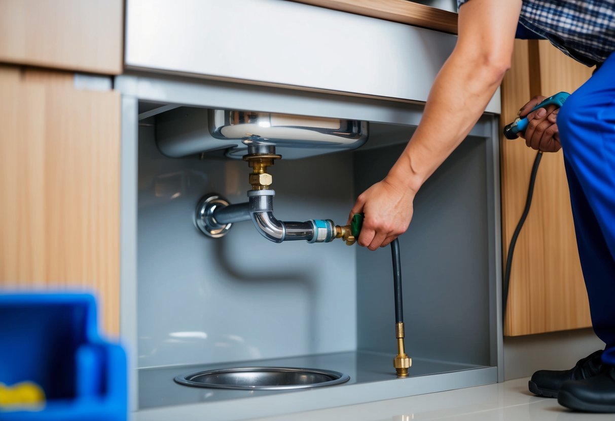 A plumber in Subang Jaya fixing a leaky pipe under a kitchen sink