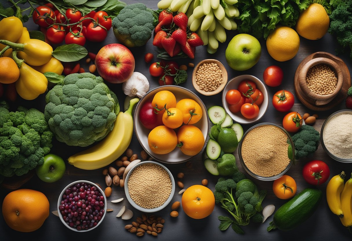 Uma colorida variedade de frutas frescas, vegetais, grãos e proteínas magras dispostos em uma bancada de cozinha, prontos para serem preparados em refeições nutritivas e variadas.