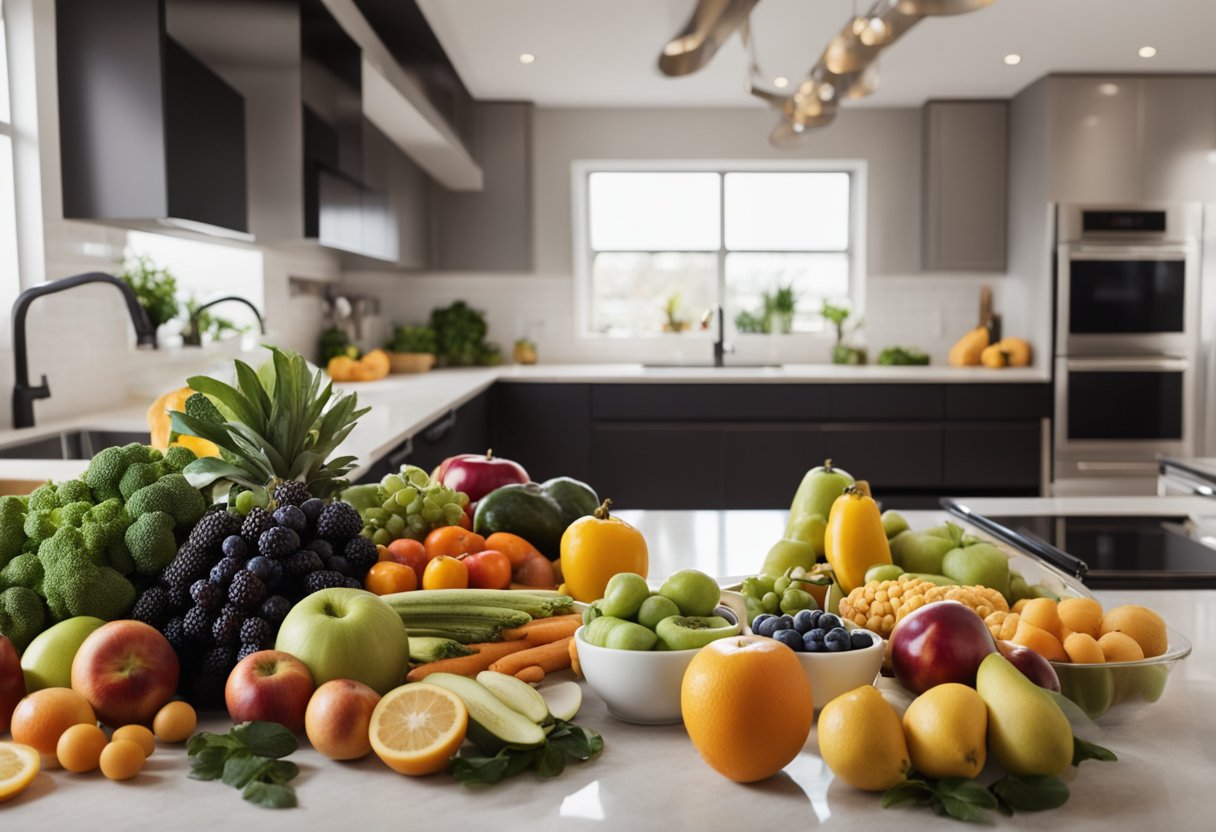 Uma bancada de cozinha com uma variedade de frutas frescas, vegetais e proteínas magras dispostas, ao lado de uma lista de verificação para planejamento de refeições e nutrição.