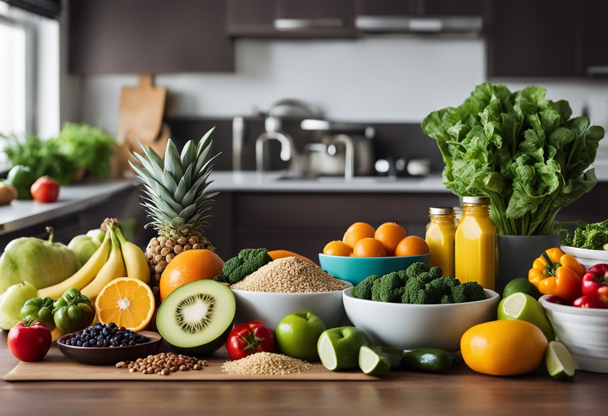 Uma bancada de cozinha colorida com frutas frescas, vegetais, grãos e especiarias organizados de forma ordenada, ao lado de uma lista de verificação e recipientes para preparação de refeições.