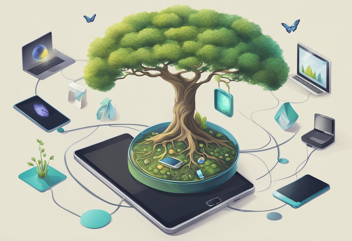 A tree growing from a digital device, surrounded by symbols of personal growth like a sprouting plant and a butterfly emerging from a cocoon