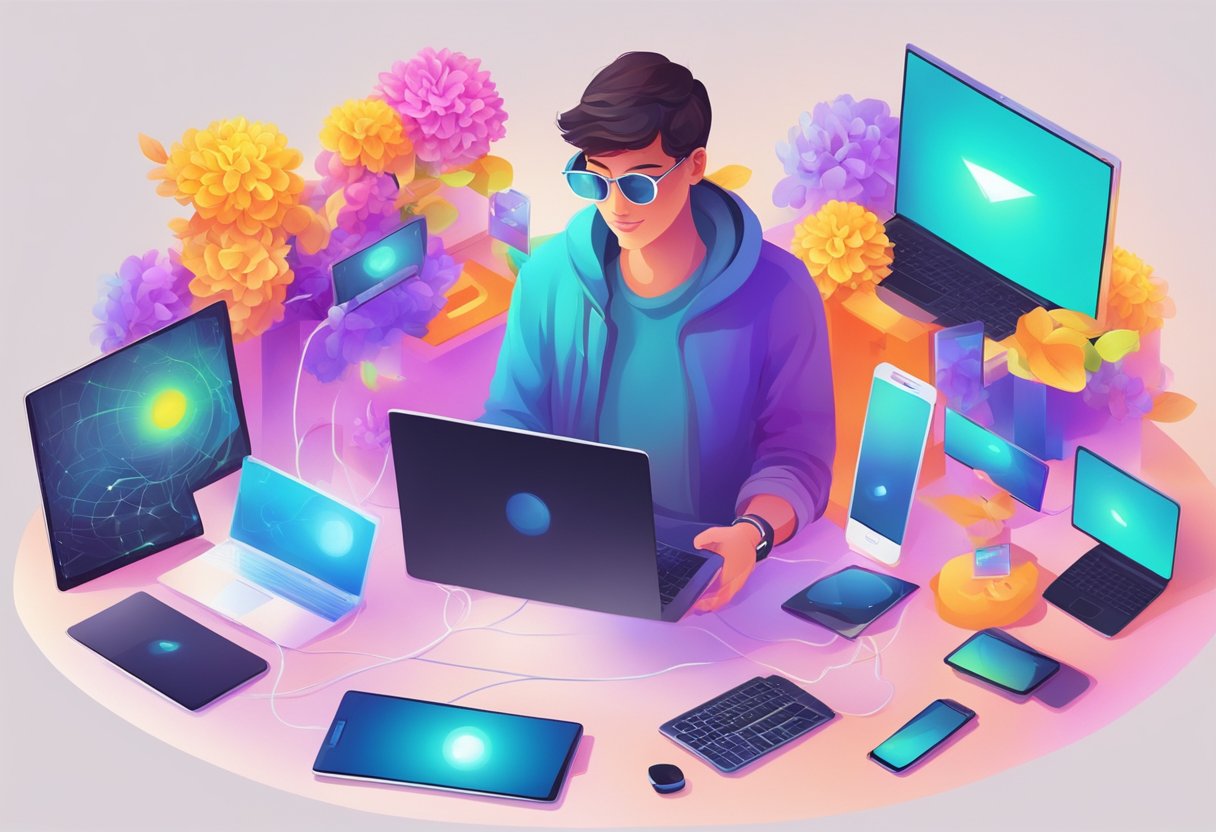 A figure surrounded by digital devices, growing and blooming with vibrant colors and positive energy