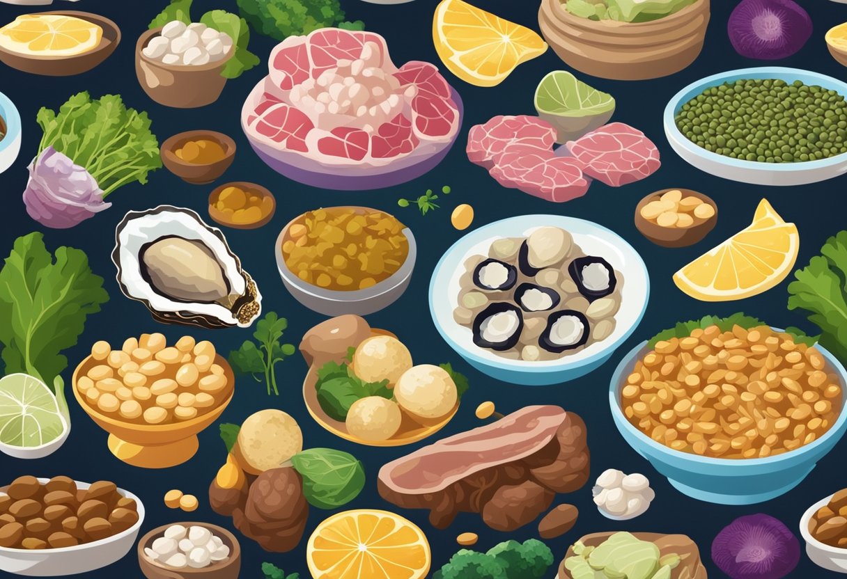 Uma ilustração colorida de vários alimentos ricos em zinco, como ostras, carne bovina e leguminosas, cercada por imagens vibrantes que representam processos fisiológicos e bioquímicos no corpo.