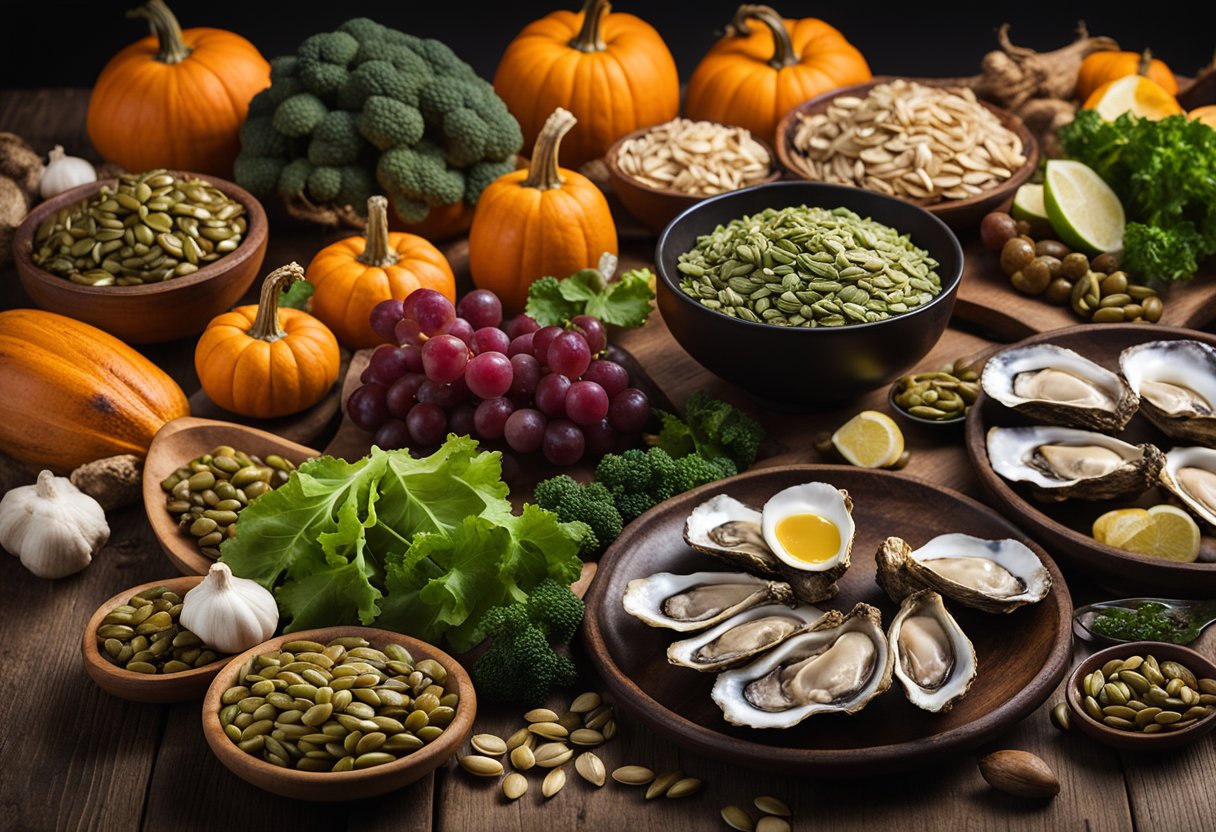 Uma variedade colorida de alimentos ricos em zinco, como ostras, carne bovina e sementes de abóbora, dispostos em uma mesa rústica de madeira, cercados por frutas e vegetais vibrantes.