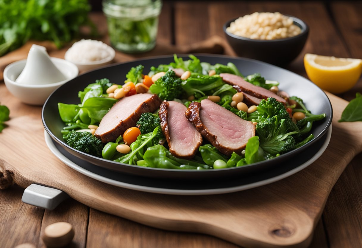 Um prato colorido cheio de vegetais verdes folhosos, feijões e carnes magras, todos ricos em ferro, está sobre uma mesa de madeira.