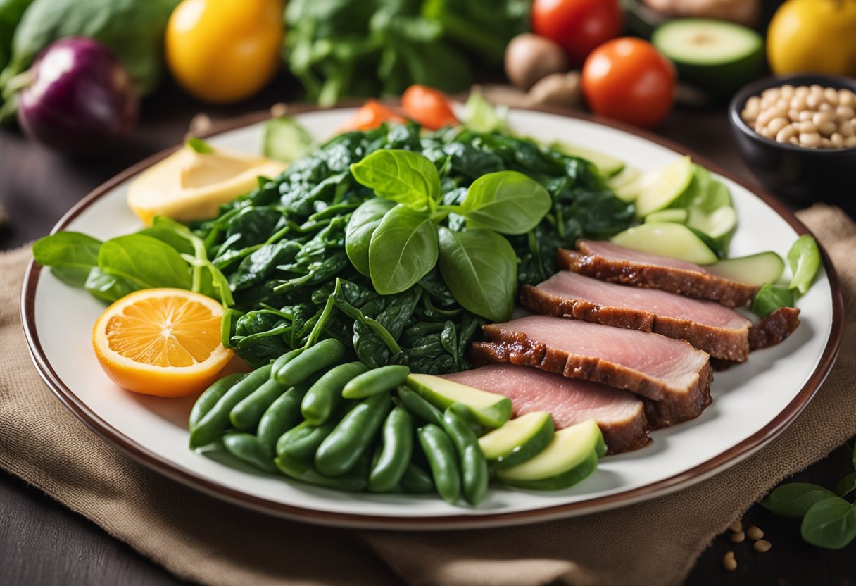 Um prato colorido cheio de alimentos ricos em ferro, como espinafre, feijão e carnes magras, cercado por frutas e vegetais frescos.