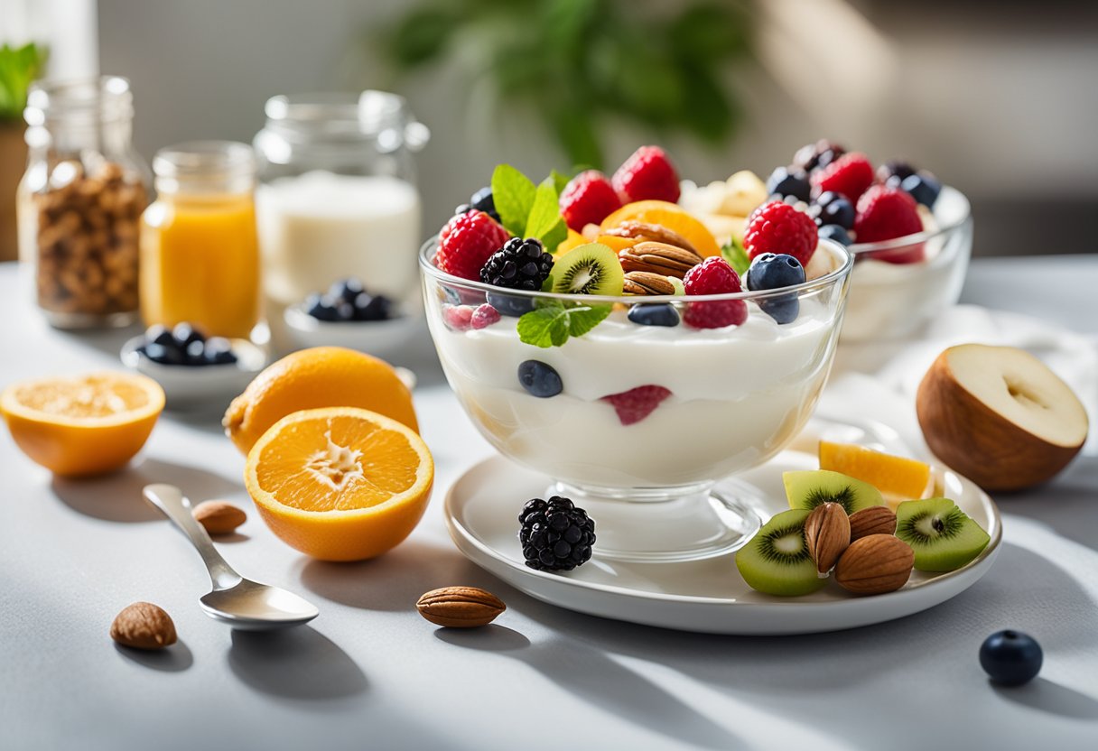 Uma tigela de iogurte natural cercada por frutas frescas e nozes, com uma colher colocada ao lado. A cena está situada em uma cozinha clara e arejada, com uma janela que deixa entrar luz natural.