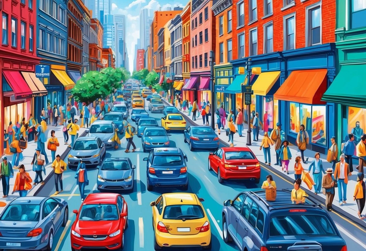 Busy city street with bustling pedestrians, cars, and colorful storefronts. Dynamic angles and perspectives capture the energy and vibrancy of urban life