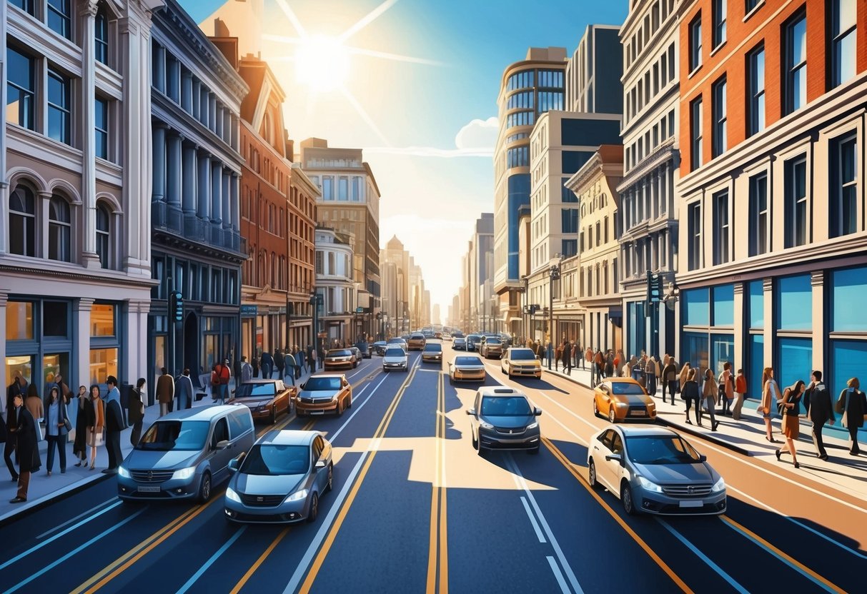 Busy city street with diverse architecture, bustling with people and vehicles. Sunlight casting long shadows, creating dynamic composition