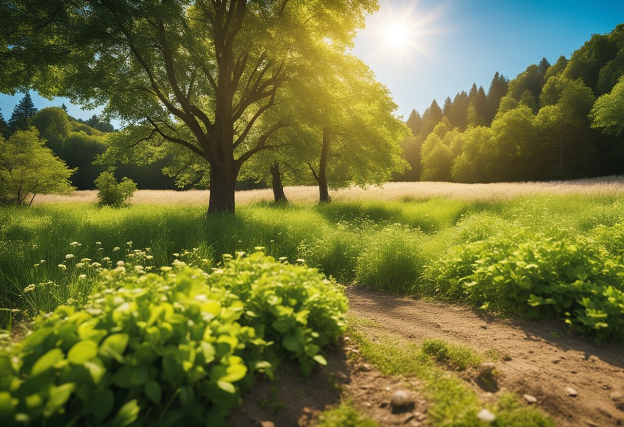 Uma paisagem ensolarada com vegetação vibrante e um céu azul claro, mostrando a fonte natural de vitamina D e seu impacto positivo na perda de peso e no bem-estar.