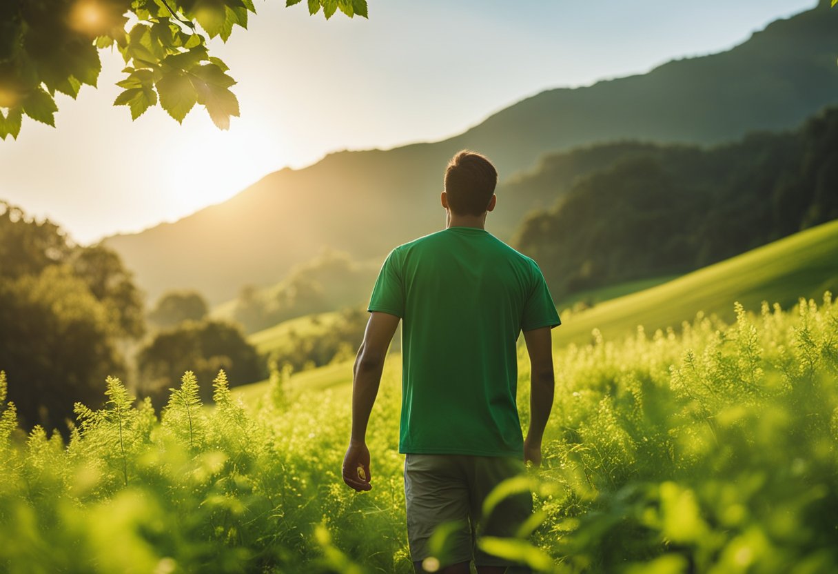 Um sol brilhante brilhando sobre uma paisagem verdejante, com uma pessoa se sentindo energizada e ativa, representando os benefícios gerais para a saúde da vitamina D.