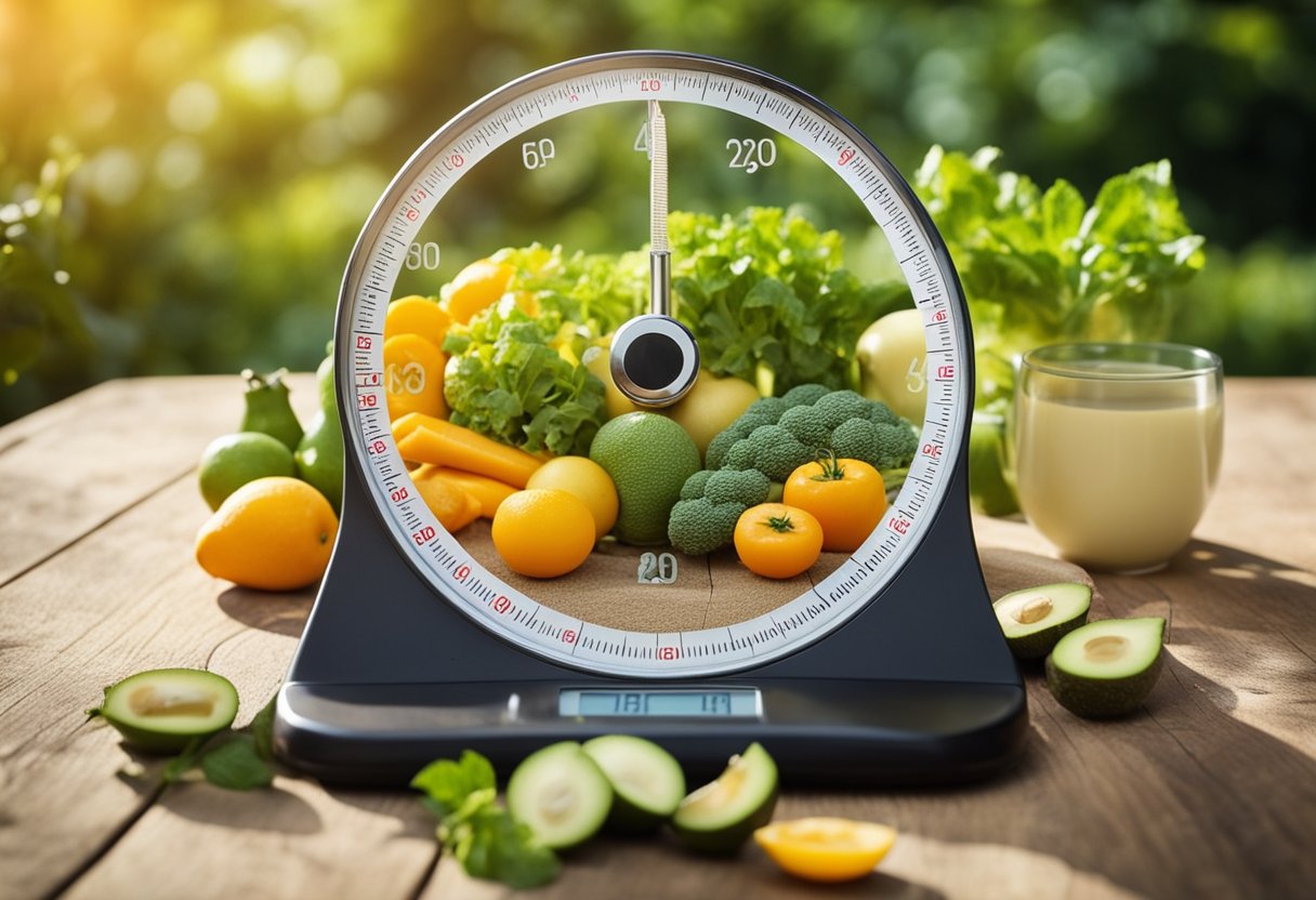 Um jardim ensolarado com uma balança e alimentos saudáveis, representando a ligação entre a vitamina D e o controle de peso.