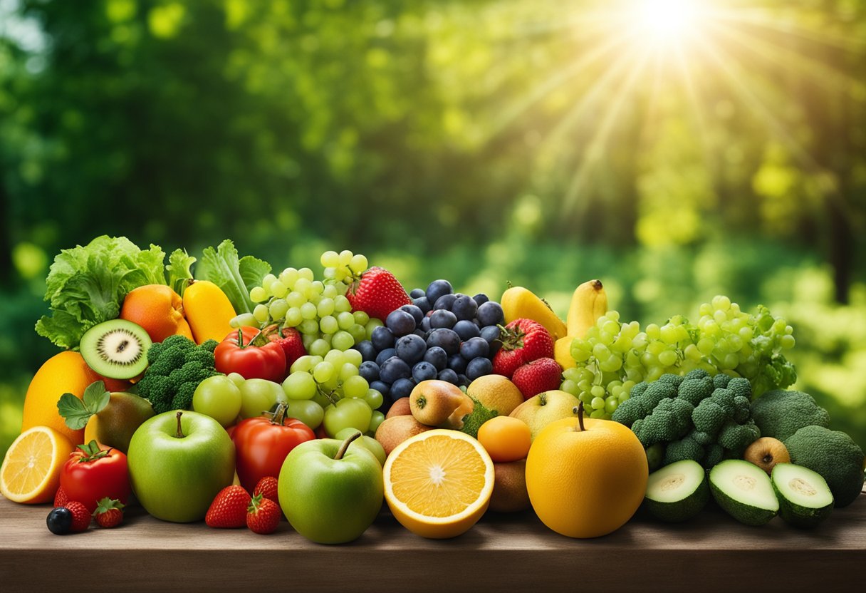 Um sol brilhante brilhando sobre uma paisagem verdejante, com várias frutas e vegetais espalhados, simbolizando os benefícios da vitamina D para a perda de peso e o bem-estar.