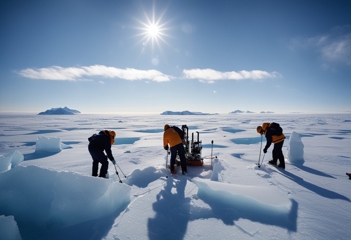 Uma equipe de cientistas perfurando a superfície gelada do Lago Vostok na Antártica, revelando o mundo misterioso escondido abaixo.