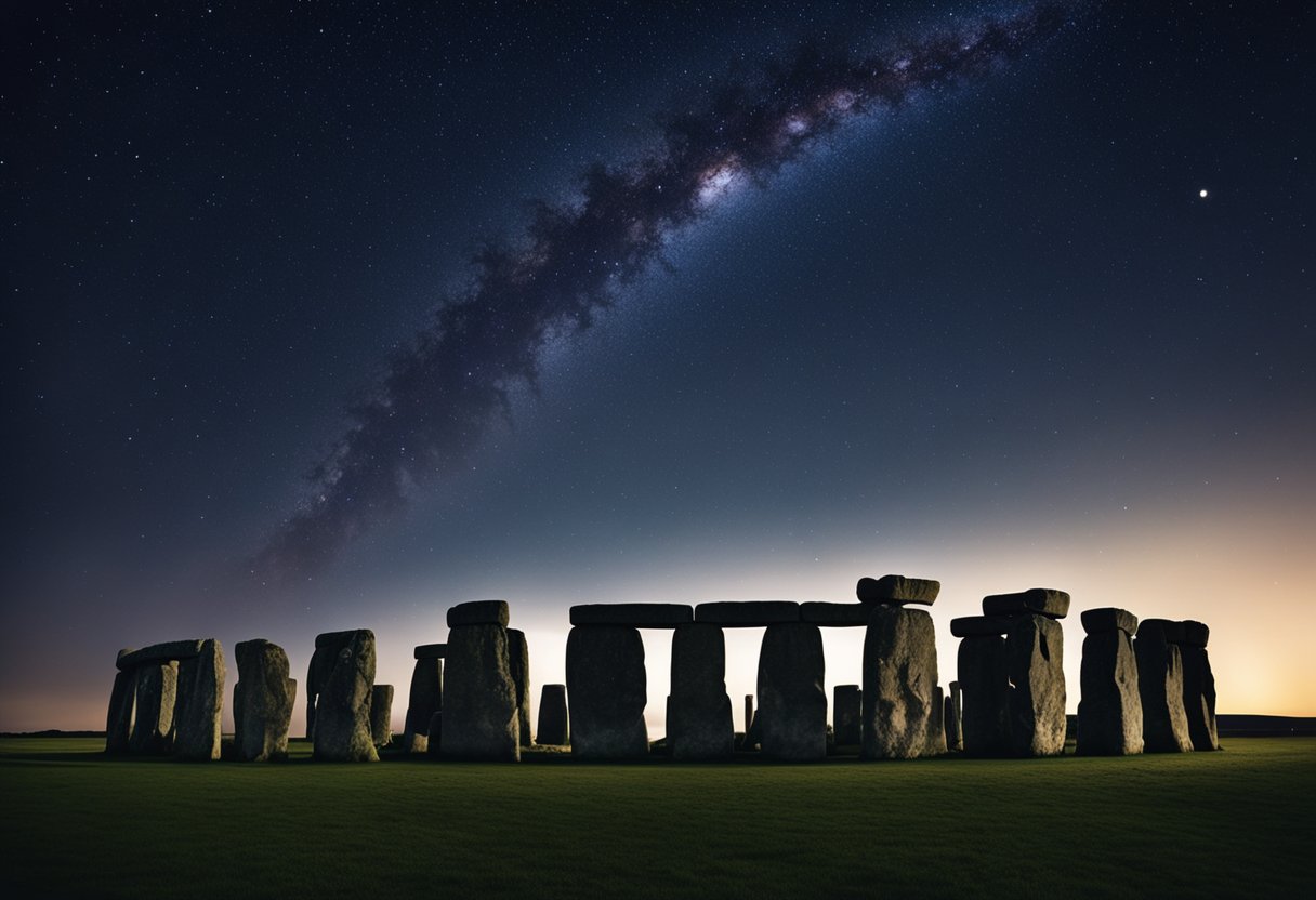 Um céu noturno claro sobre Stonehenge, com o antigo círculo de pedras erguendo-se contra o fundo das estrelas