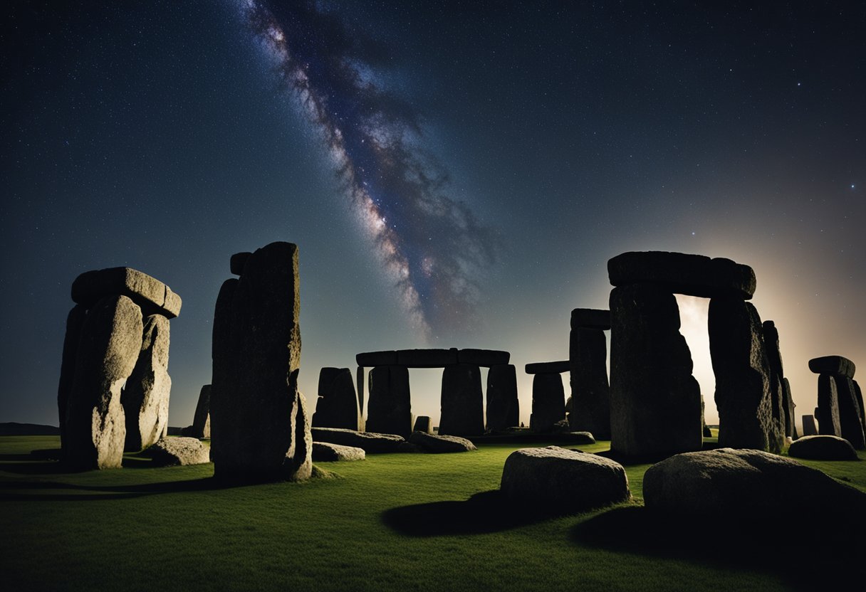 Um céu noturno claro sobre Stonehenge, com as antigas pedras eretas e misteriosas, cercadas por uma sensação de intriga e maravilha.