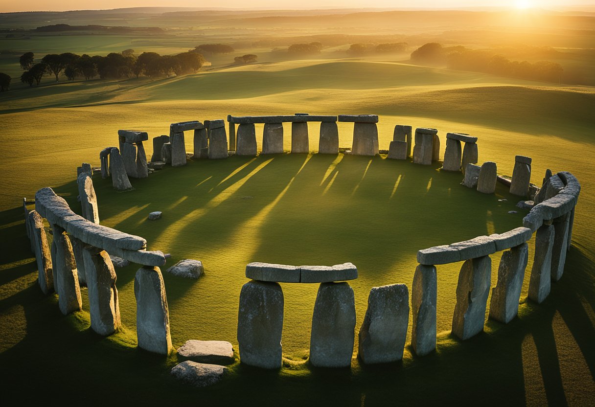 As enormes estruturas de pedra de Stonehenge estão dispostas em uma formação circular, projetando longas sombras enquanto o sol se põe, alinhando-se com eventos astronômicos.