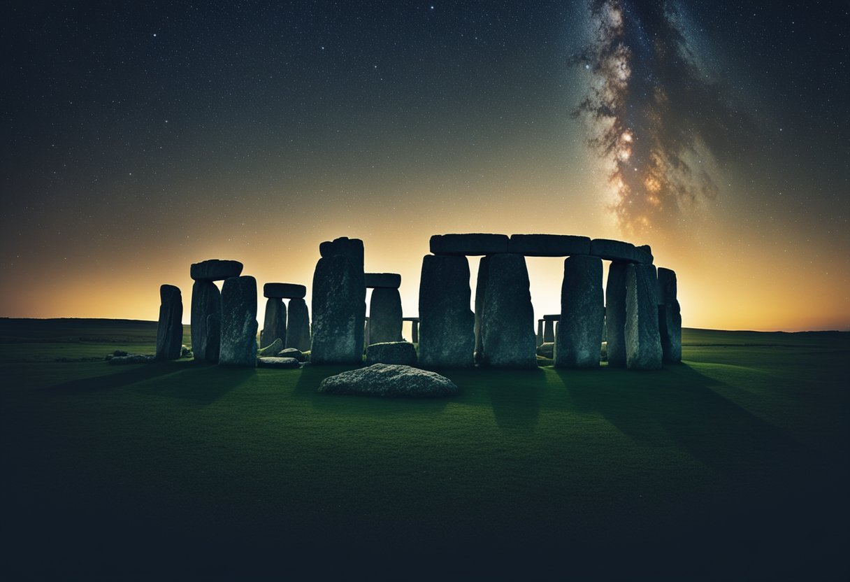 Um céu noturno claro sobre Stonehenge, com as antigas pedras silhuetadas contra as estrelas, sugerindo os segredos e mistérios astronômicos ocultos dentro.