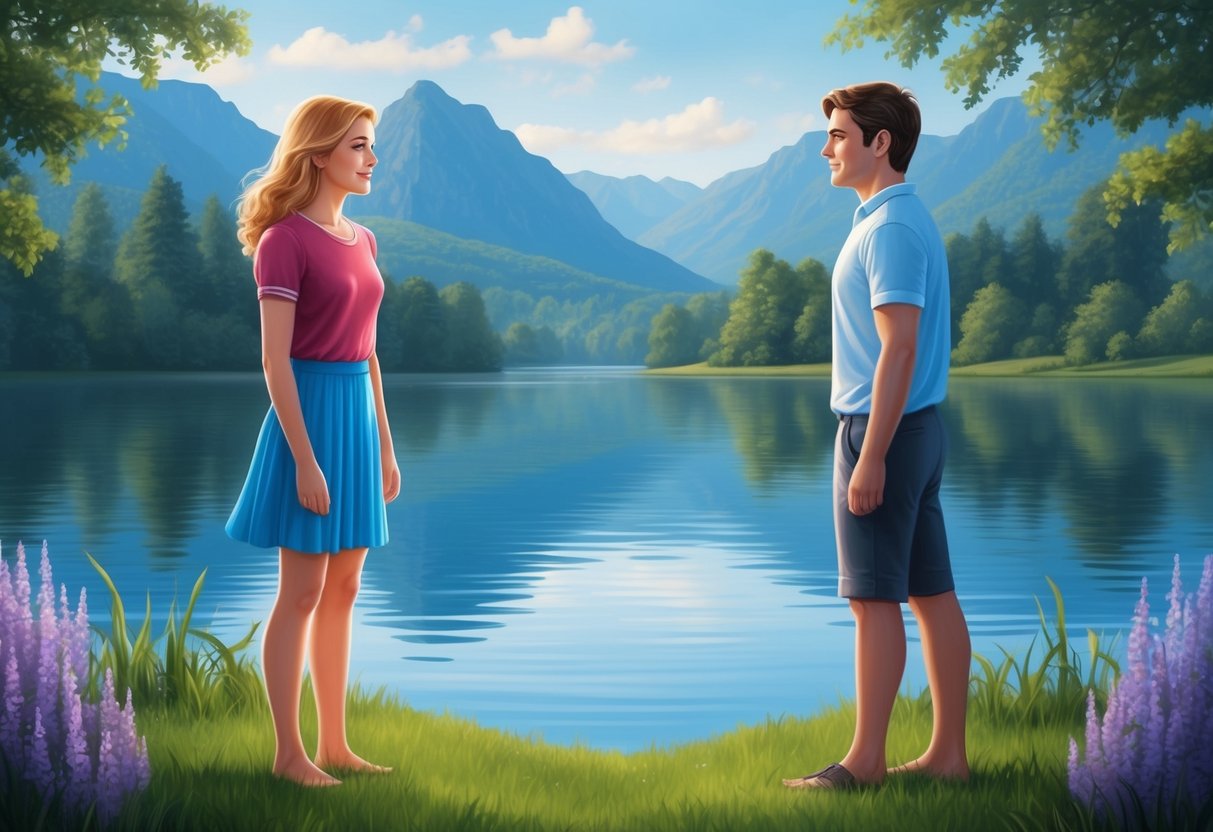 A gemini and a pisces standing on opposite sides of a tranquil lake, gazing at each other with a sense of understanding and connection