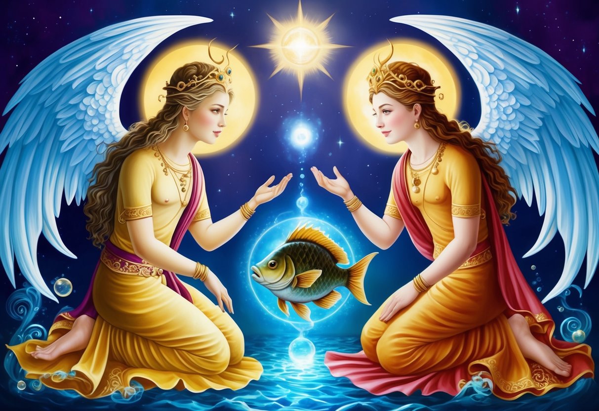 Two celestial twins converse with a mystical fish, exchanging knowledge and understanding