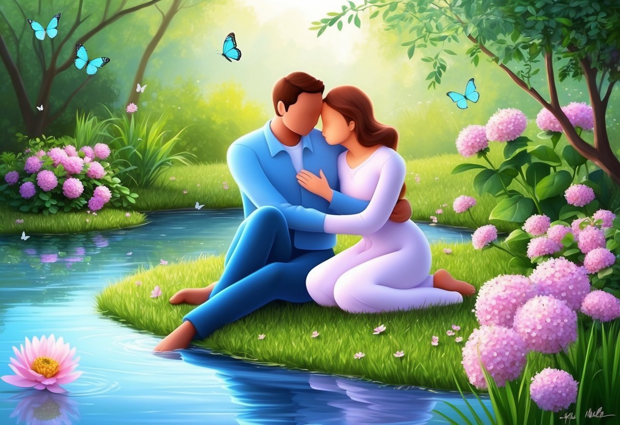 Two figures sit by a tranquil pond, surrounded by blooming flowers and gentle butterflies. A warm embrace symbolizes the emotional bond between them