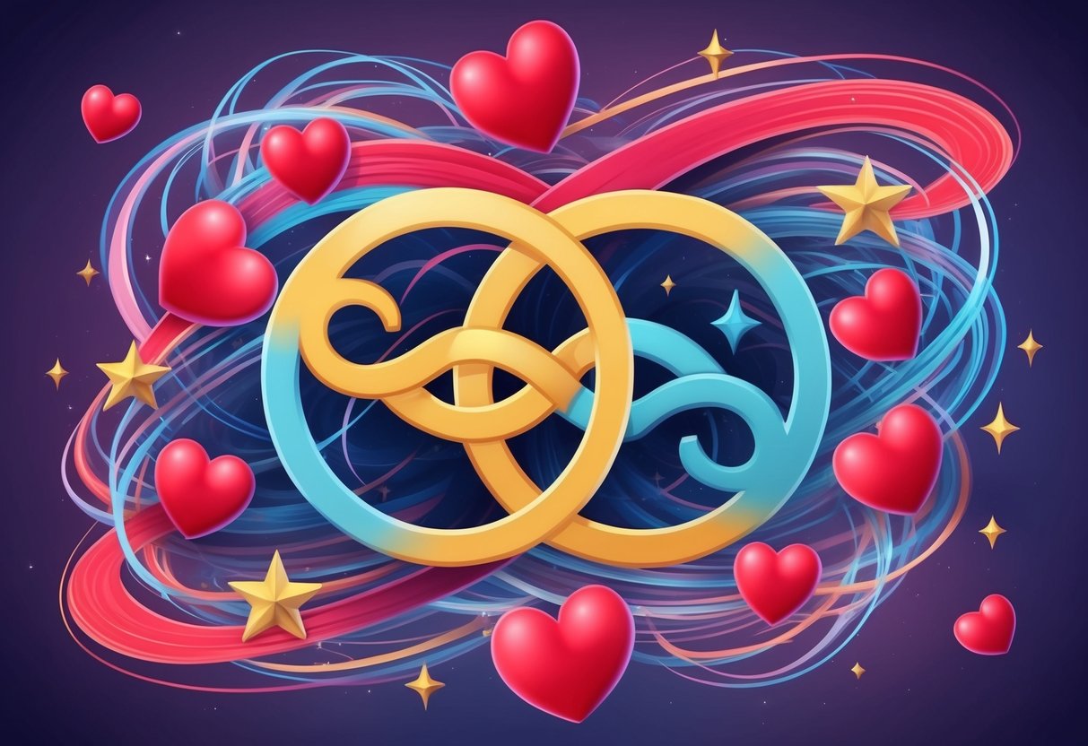 A pair of intertwined zodiac symbols, Gemini and Pisces, surrounded by swirling hearts and stars