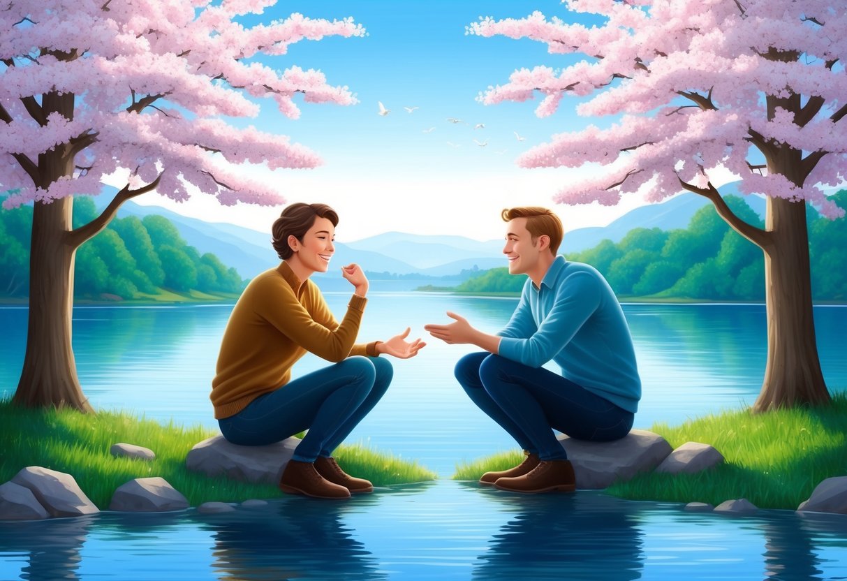 Two figures sitting by a tranquil lake, surrounded by blooming cherry blossom trees. They are engaged in deep conversation, sharing laughter and bonding over their shared interests