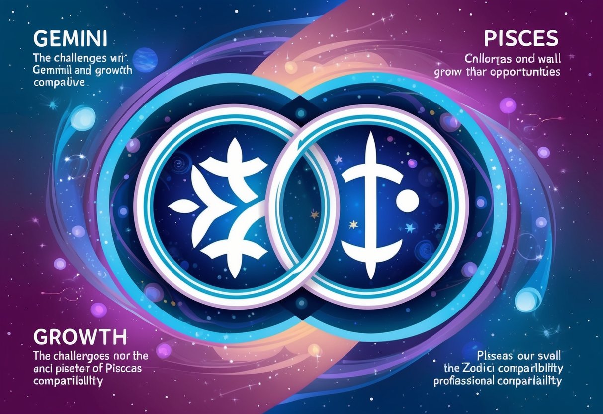 A pair of intertwined zodiac symbols surrounded by swirling celestial elements, representing the challenges and growth opportunities in Gemini and Pisces compatibility