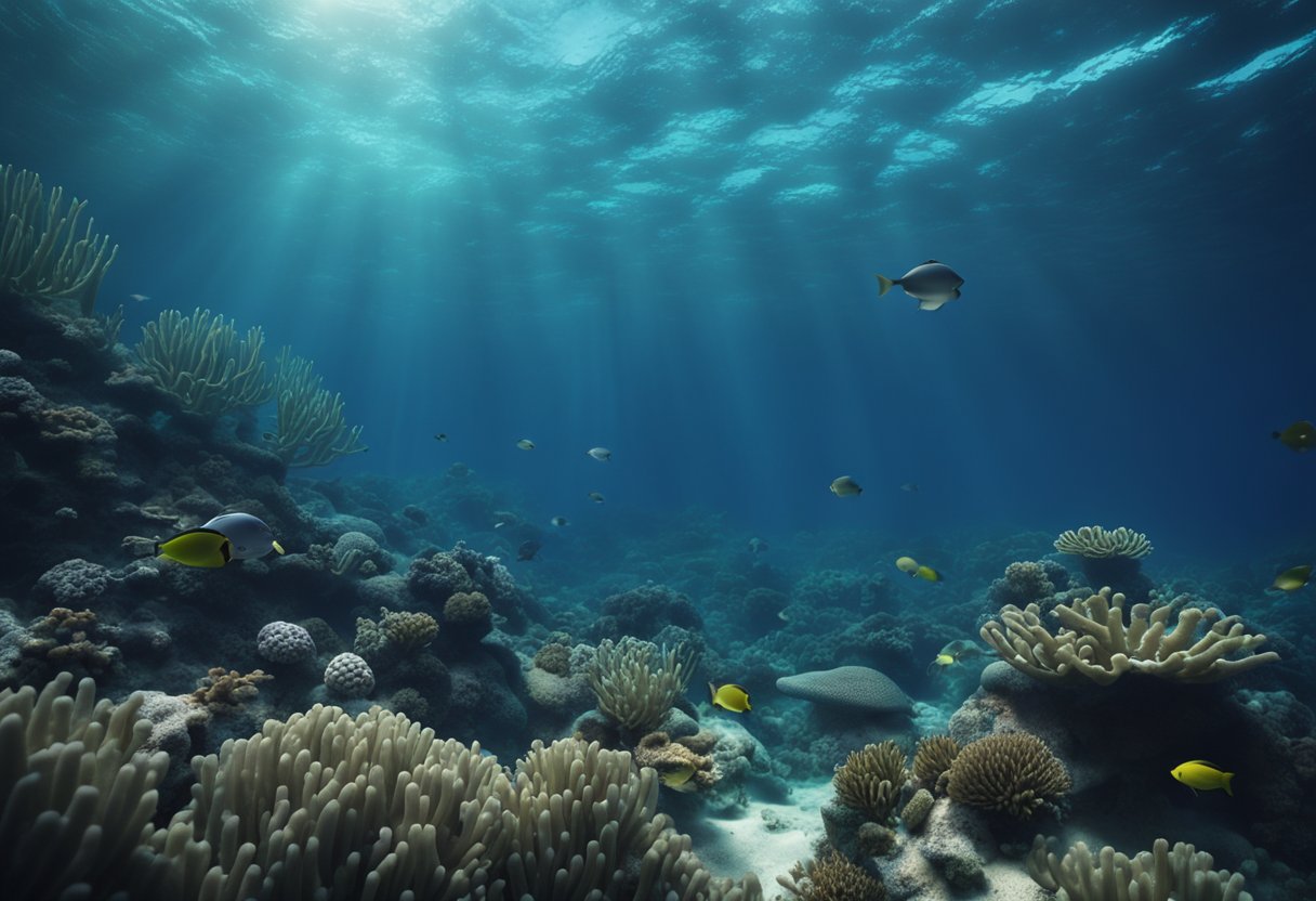 Profundezas oceânicas misteriosas registradas com ondas sonoras, retratando uma cena de vida marinha e paisagens subaquáticas