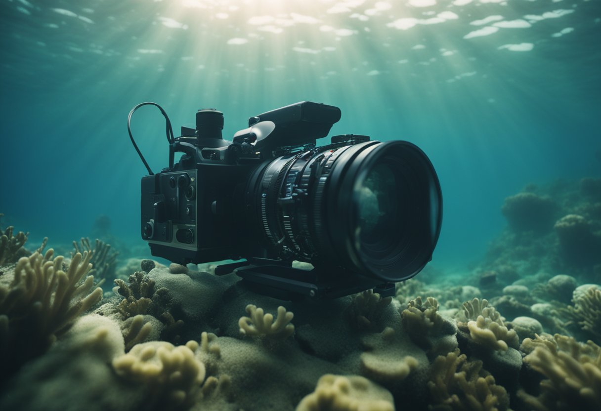 Cena subaquática misteriosa com equipamentos de gravação capturando sons enigmáticos do mar