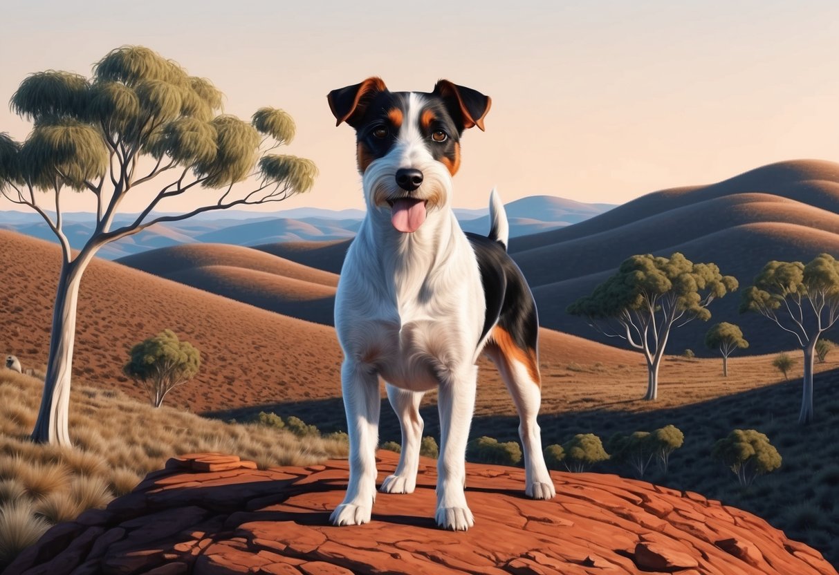 An Australian Terrier stands proudly on a rugged outback landscape, surrounded by rolling hills and eucalyptus trees