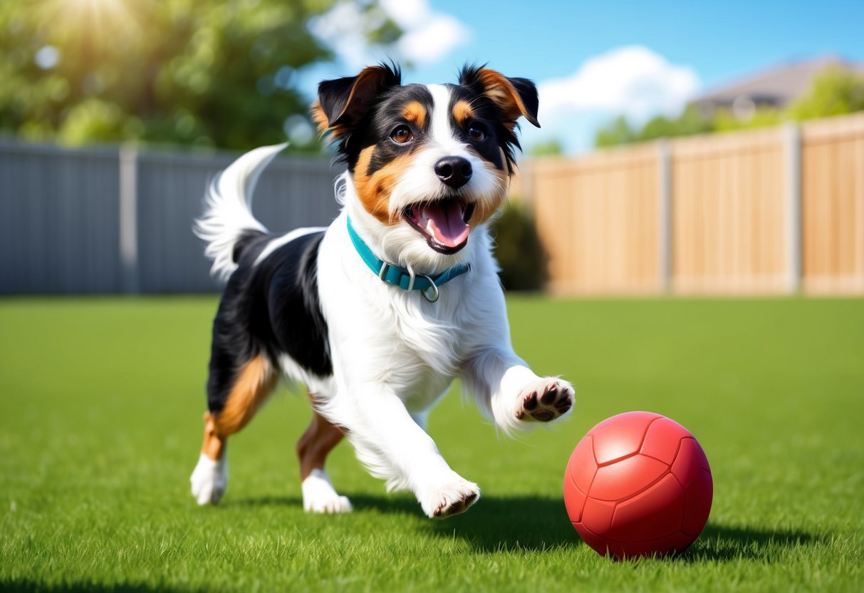 An Australian Terrier dog playing in a sunny backyard, chasing a ball and barking happily