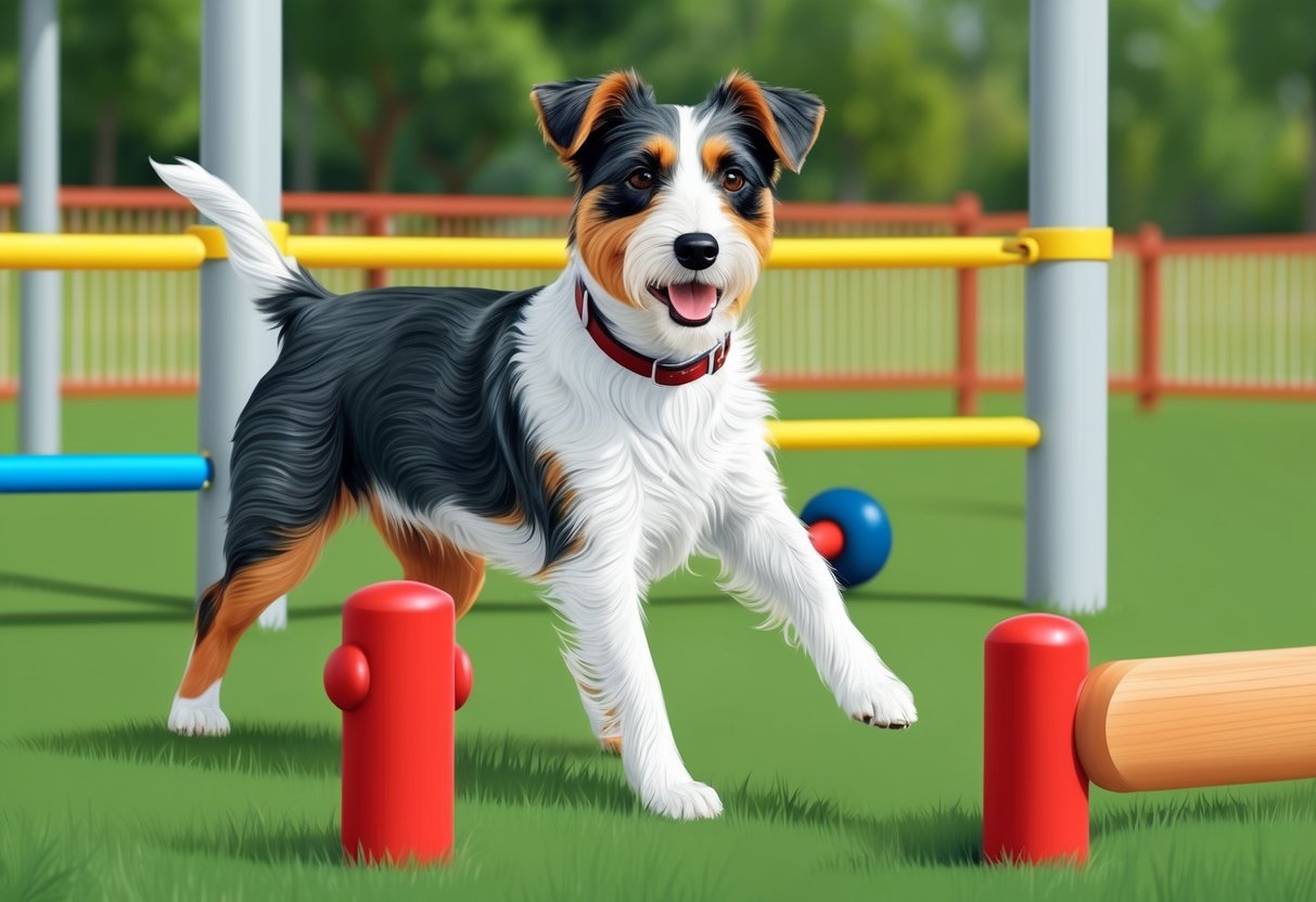 An Australian Terrier dog participating in training and socialization exercises at a dog park