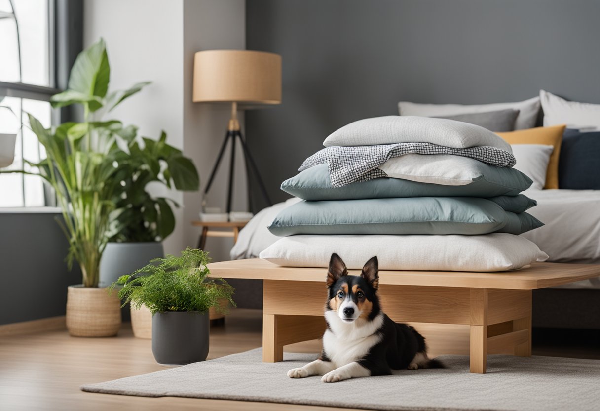 Um espaço amigável para pets com roupas de cama hipoalergênicas, plantas não tóxicas e armazenamento de alimentos selado. Um ambiente limpo, livre de bagunça, com luz natural e purificadores de ar.