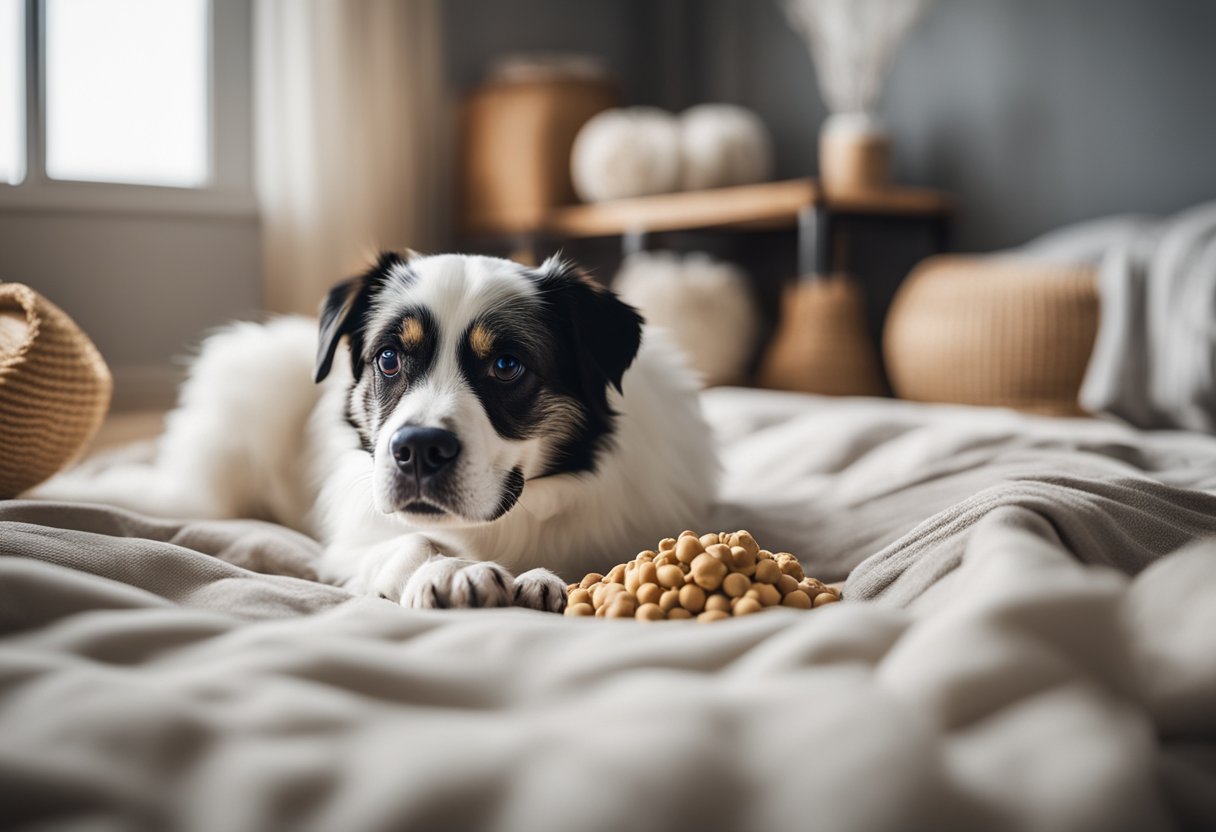 Um animal de estimação cercado por roupas de cama, brinquedos e tigelas de comida sem alérgenos em um espaço limpo e bem ventilado