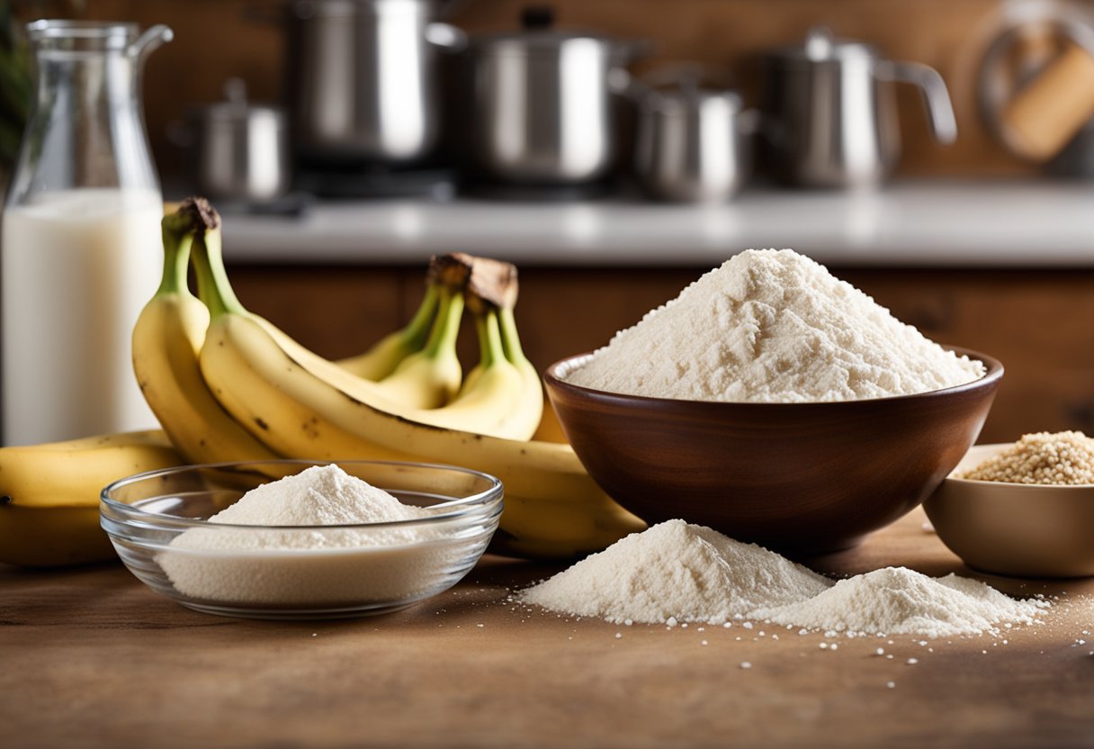 Uma bancada de cozinha rústica com ingredientes para fazer 'cuca gaúcha' - farinha, açúcar, bananas e uma tigela de mistura