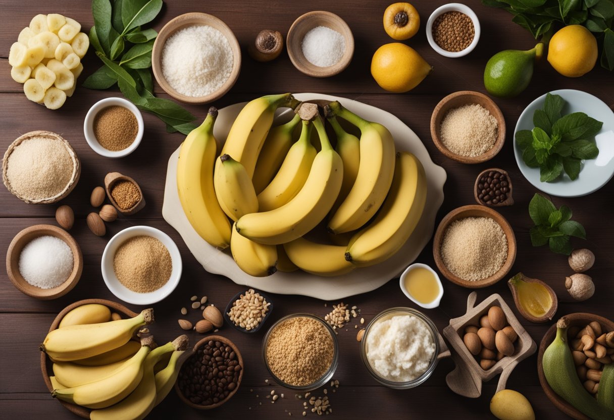 Uma bancada de cozinha com ingredientes e utensílios para fazer uma cuca gaúcha tradicional com recheio de banana