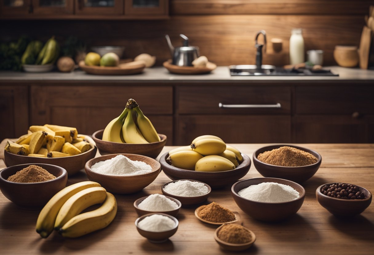 Uma bancada de cozinha rústica com ingredientes para fazer cuca gaúcha, incluindo bananas maduras, farinha, açúcar e canela, dispostos em preparação para fazer o recheio de banana.