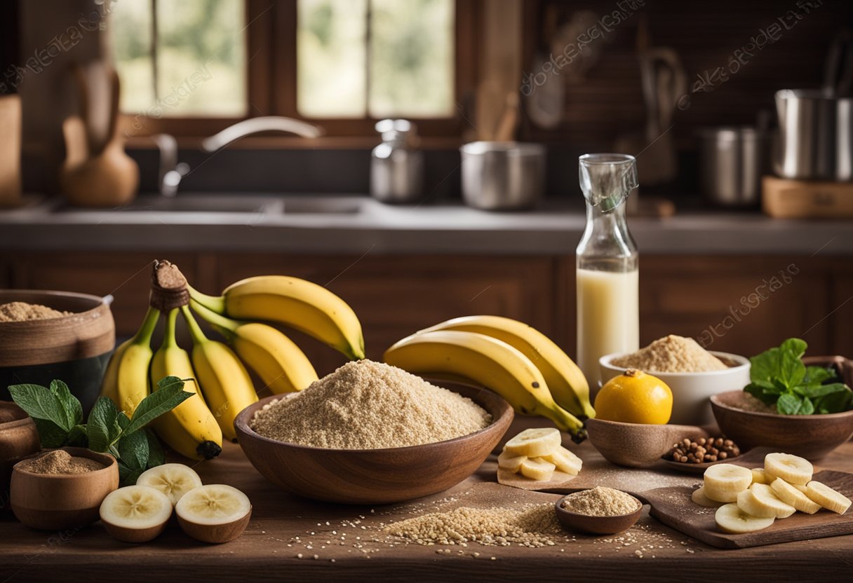 Uma bancada de cozinha rústica com ingredientes e utensílios para fazer 'cuca gaúcha' com recheio de banana