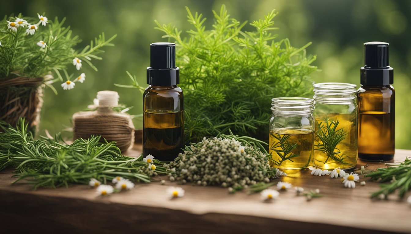 A serene woodland clearing with rosemary, chamomile, and nettle on display. Nearby, bottles of shampoo made from these herbs sit on a wooden table