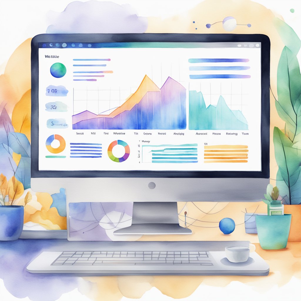 A computer screen showing a graph with increasing website traffic, surrounded by various content creation tools and optimization strategies