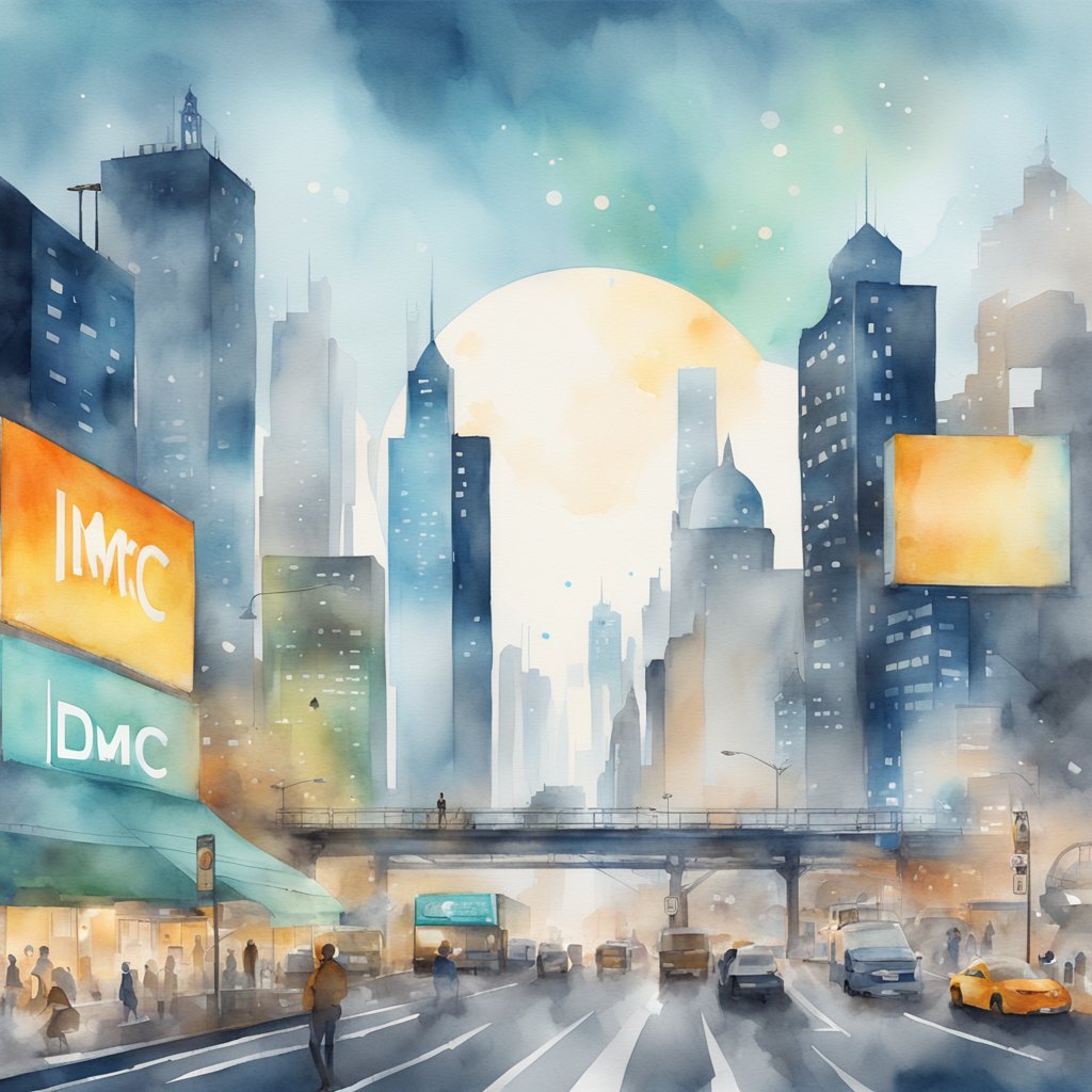 A bustling city skyline with a prominent billboard featuring the LDMC logo, surrounded by various digital marketing tools and strategies