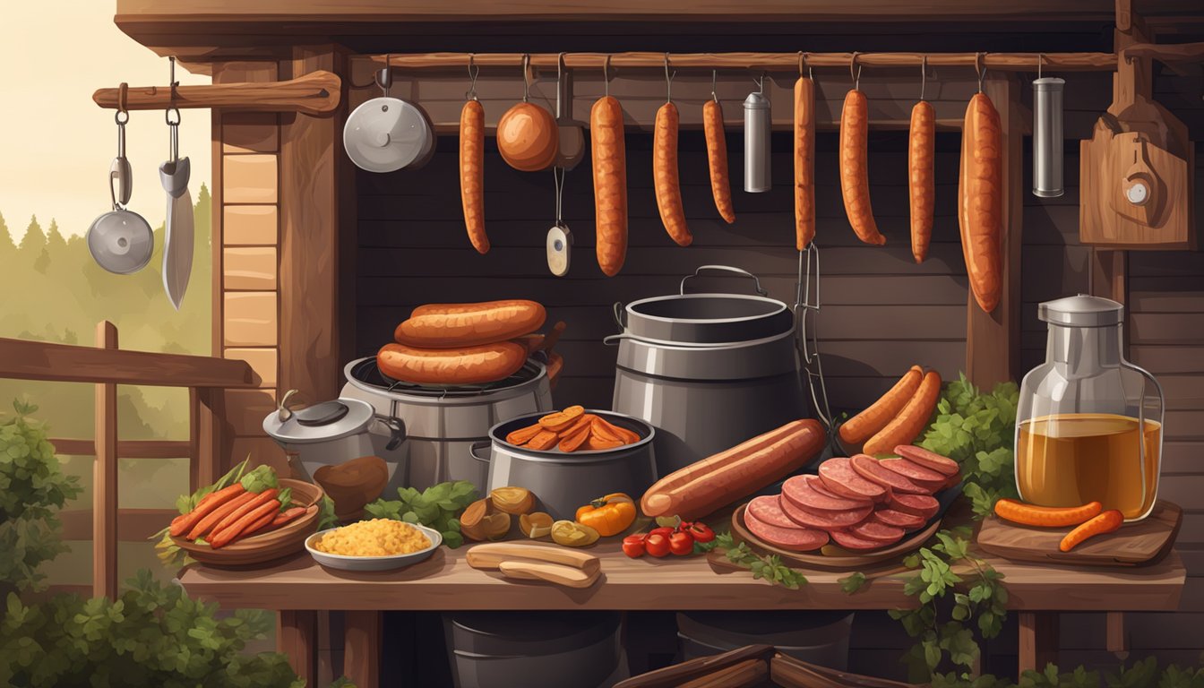 A traditional smokehouse with hanging andouille sausages, surrounded by ingredients and tools for fermenting