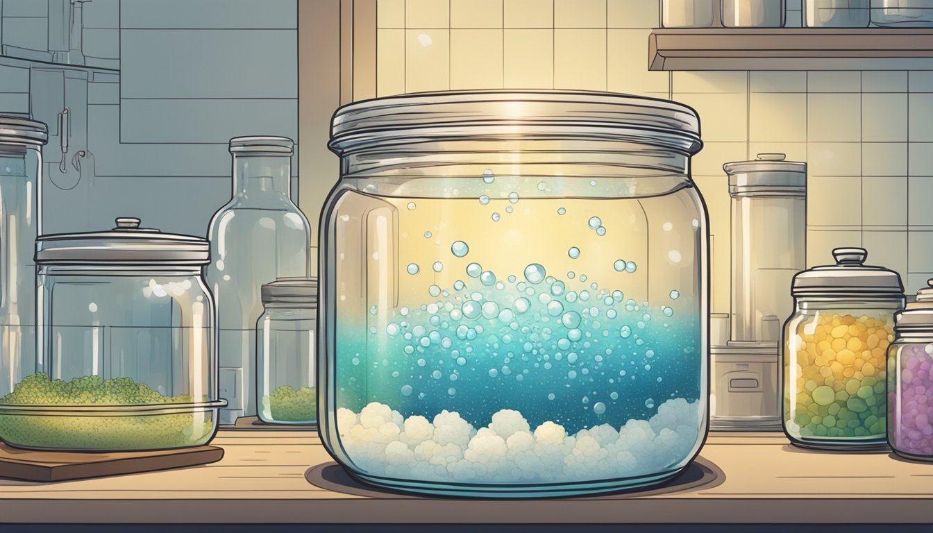 A clear glass jar filled with chopped chuo submerged in a brine solution, with bubbles rising to the surface as fermentation takes place