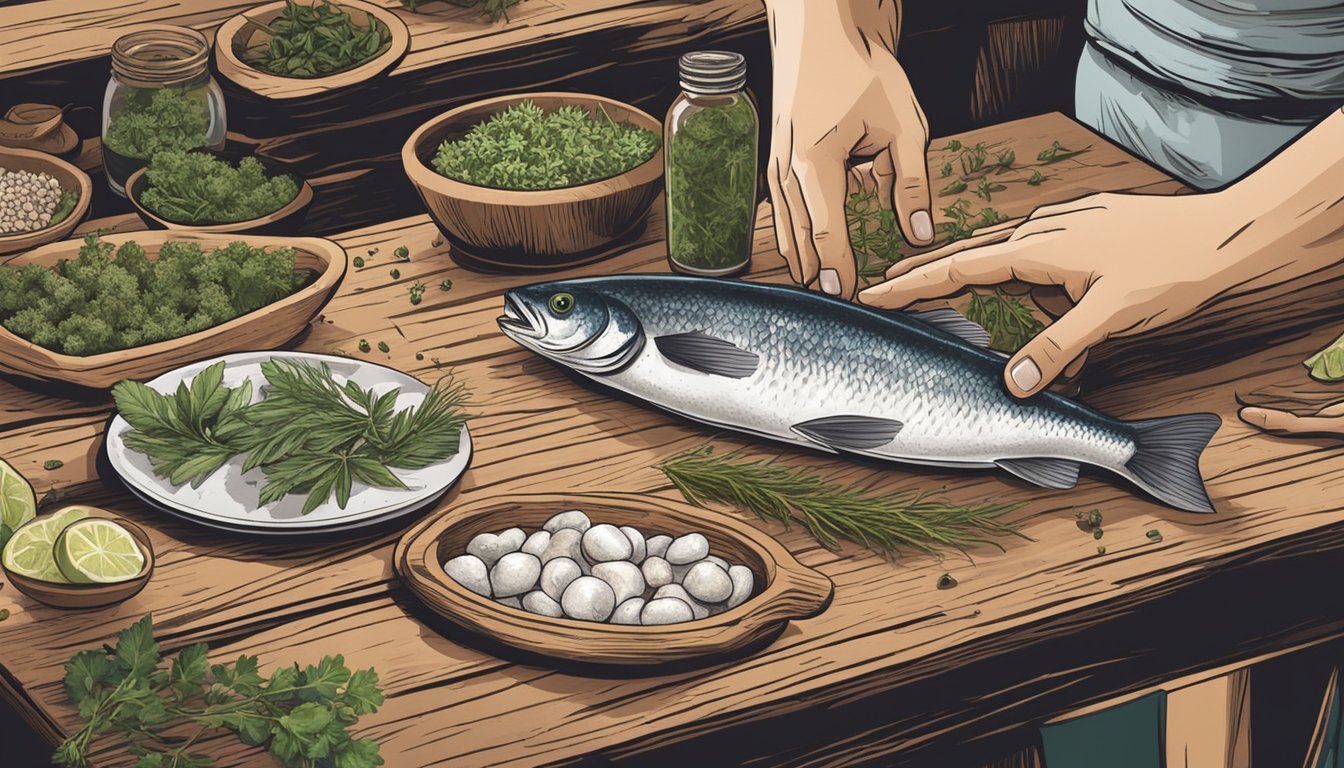 A hand reaching for fresh fish, salt, and herbs on a wooden table, ready to be fermented