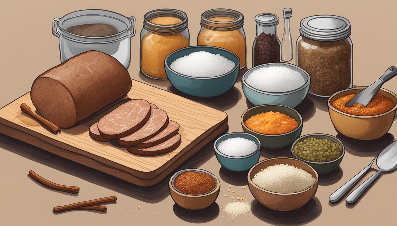 A cutting board with andouille sausage, salt, and spices, surrounded by jars, bowls, and fermentation weights