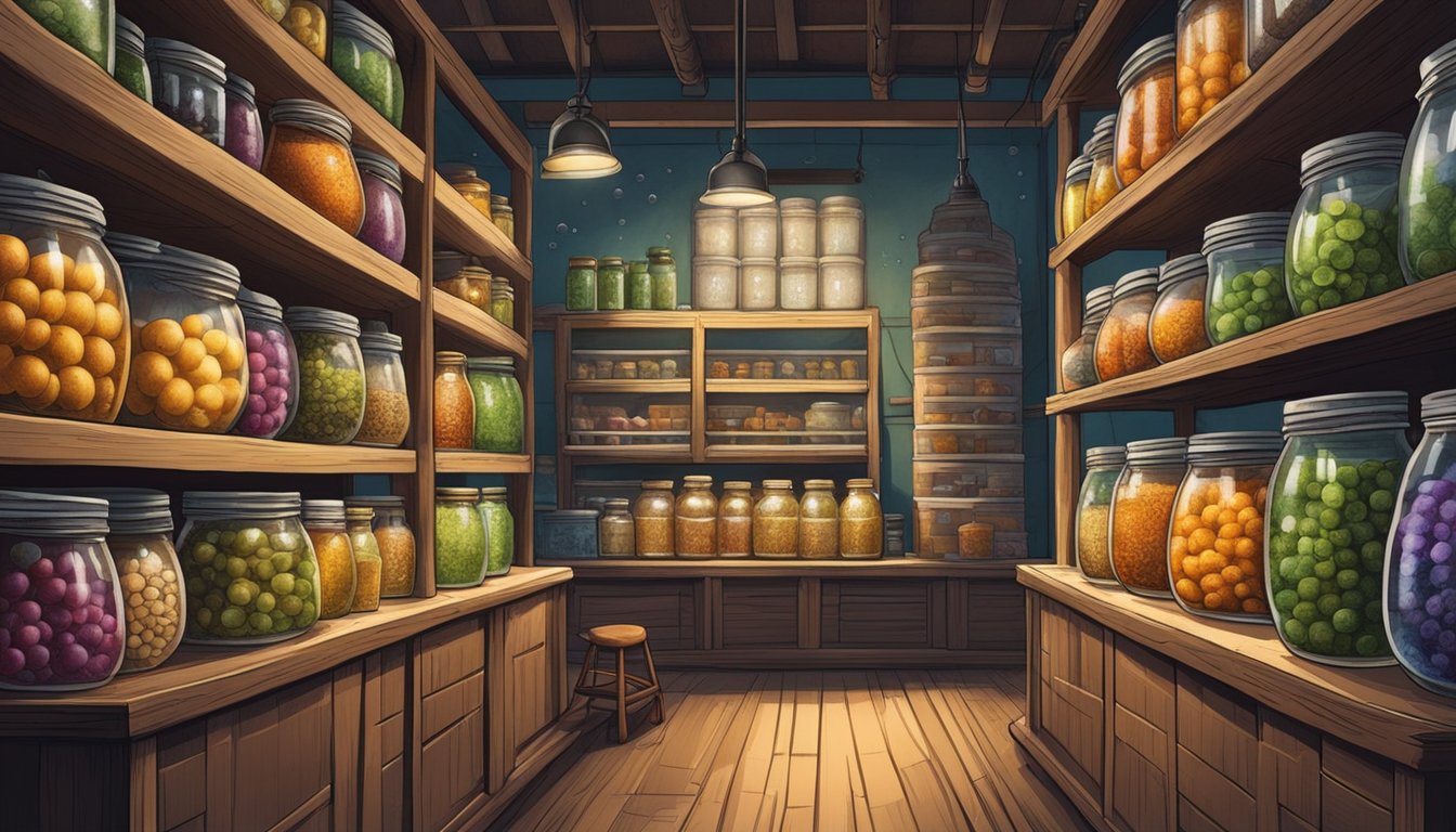 A wooden fermentation vessel sits in a cool, dimly lit environment, surrounded by shelves of jars and containers. The fish paste inside bubbles and releases a pungent aroma