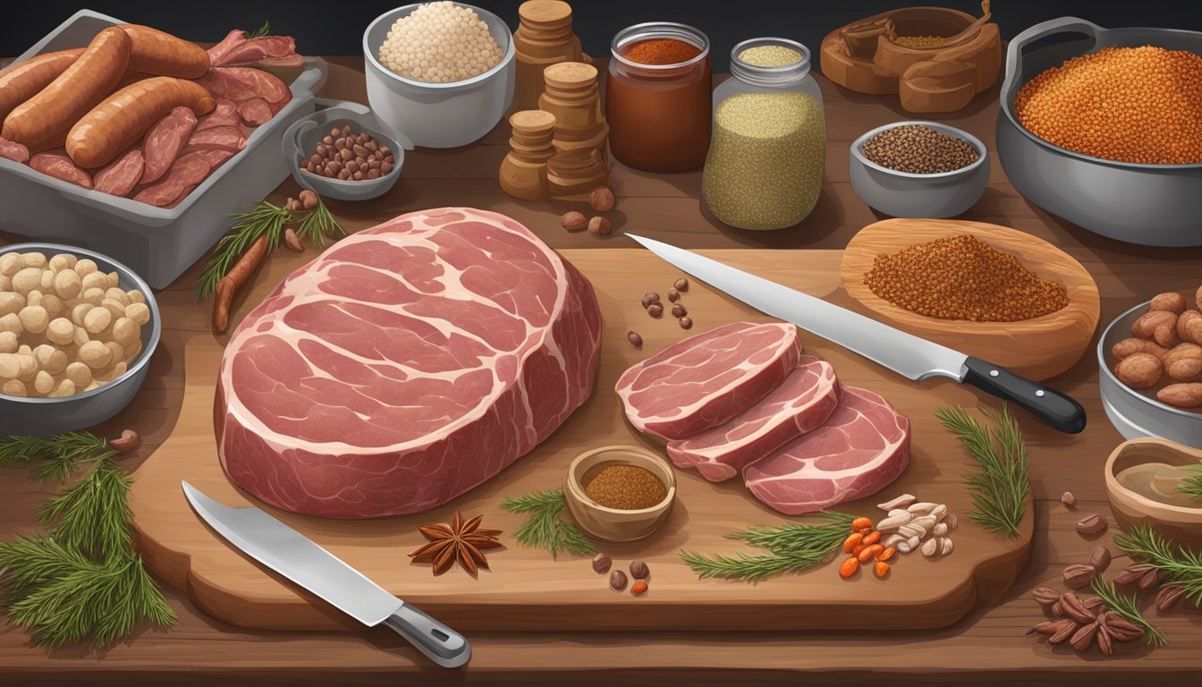 A butcher's table with various spices, casings, and meat, demonstrating the process of stuffing and linking andouille sausages