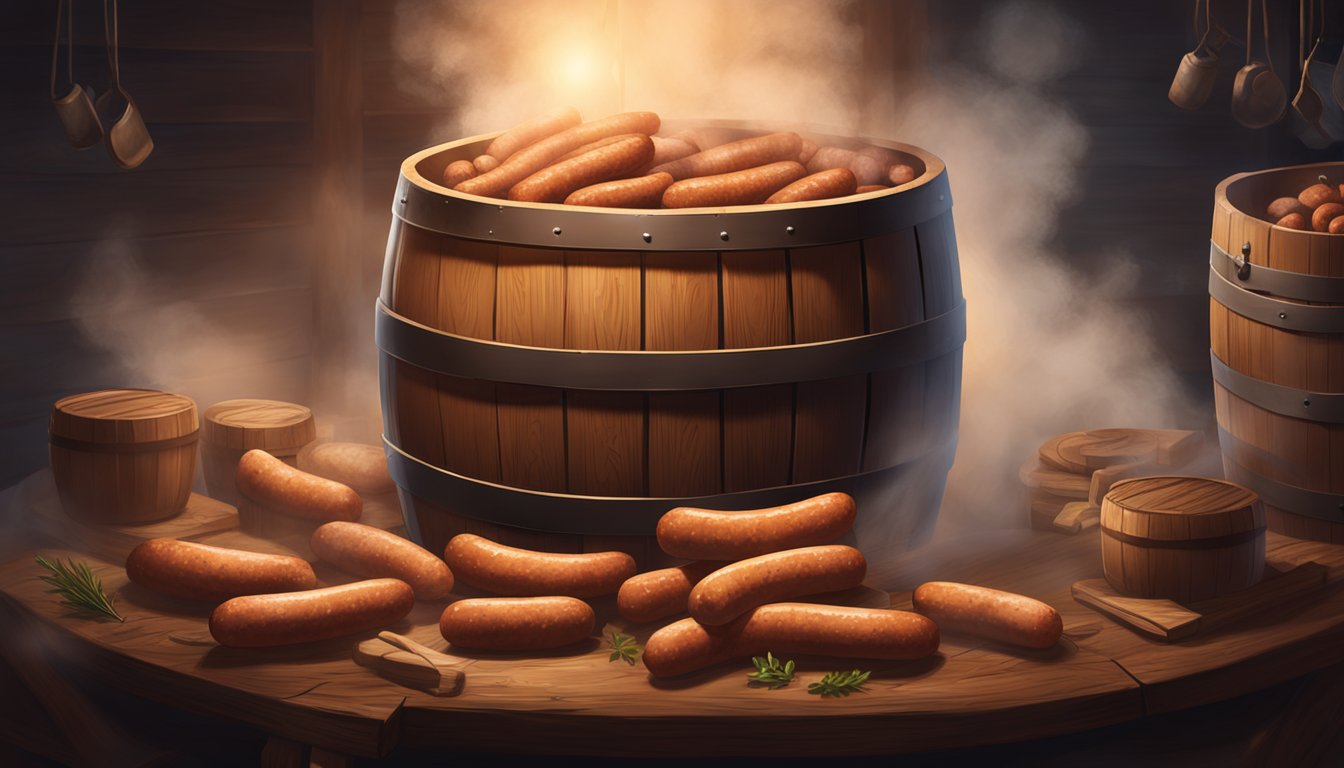 A wooden barrel filled with andouille sausages being fermented, surrounded by smoke and hanging in a dimly lit room